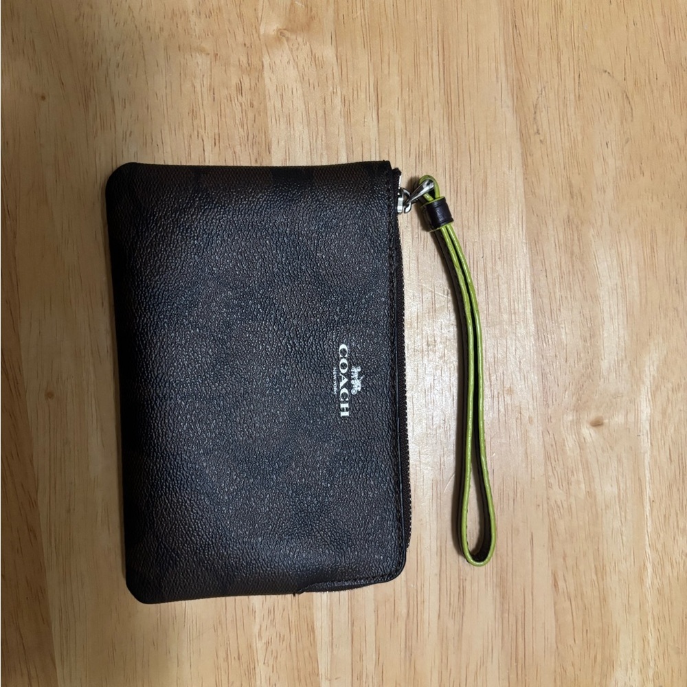 Coach Black Leather Wristlet with Lime Green Strap